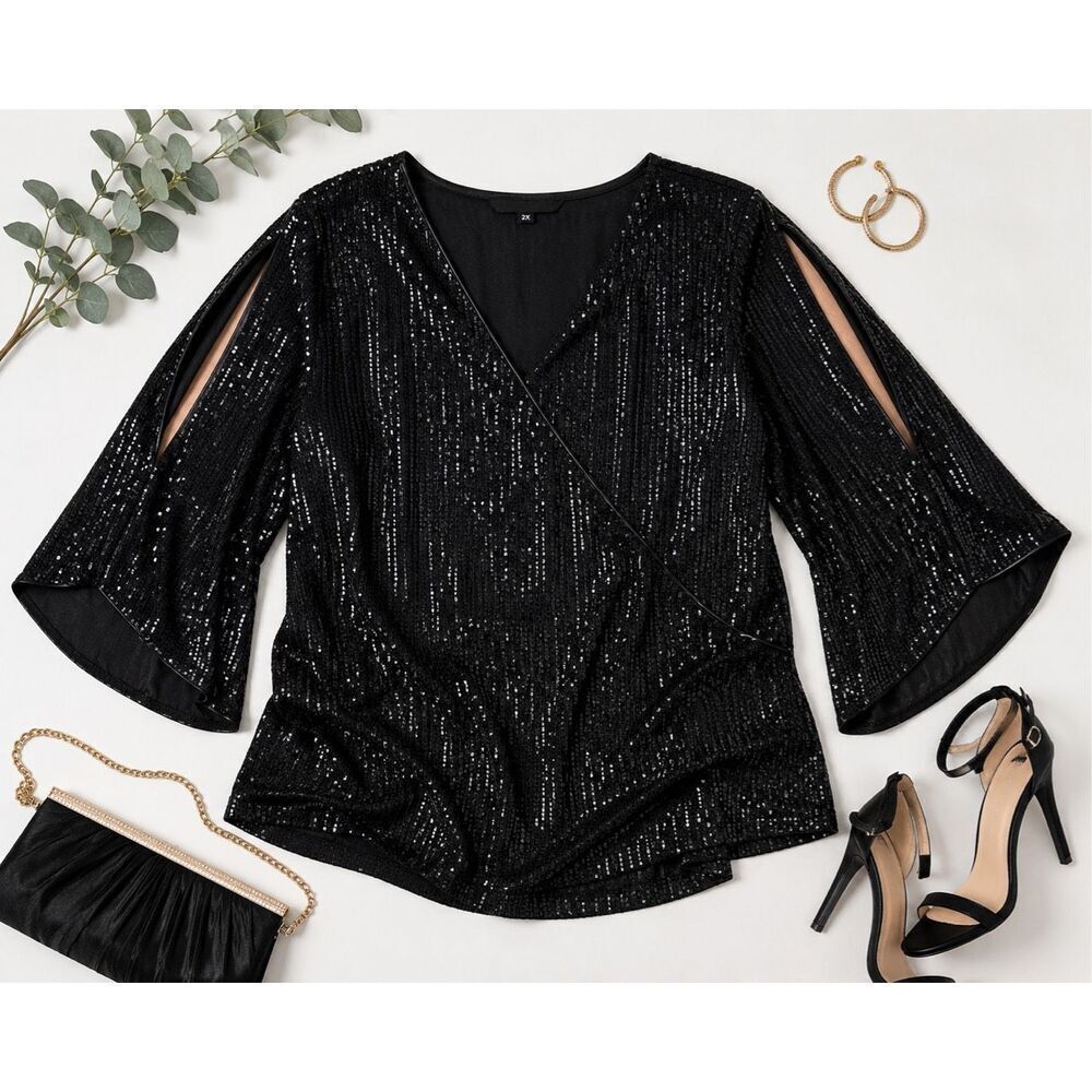 GRACE KARIN 1X2X Black Sequin Blouse Glitter V Neck Split Sleeve Dressy Party To - Picture 2 of 4